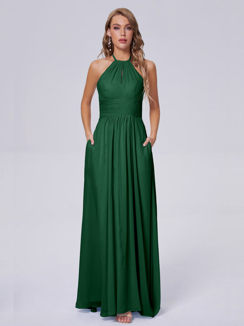 Adaline Simple Halter Chiffon Long Bridesmaid Dresses