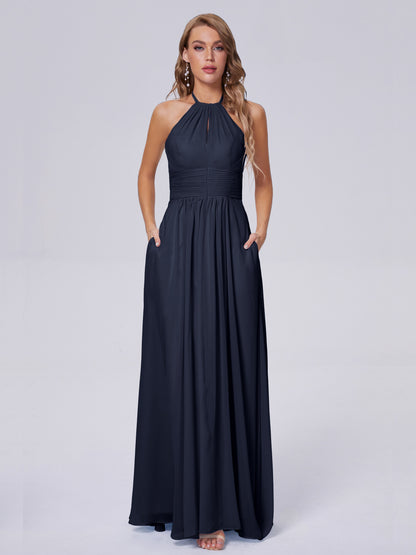 Adaline Simple Halter Chiffon Long Bridesmaid Dresses