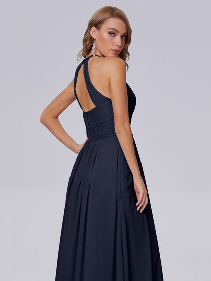 Adaline Simple Halter Chiffon Long Bridesmaid Dresses