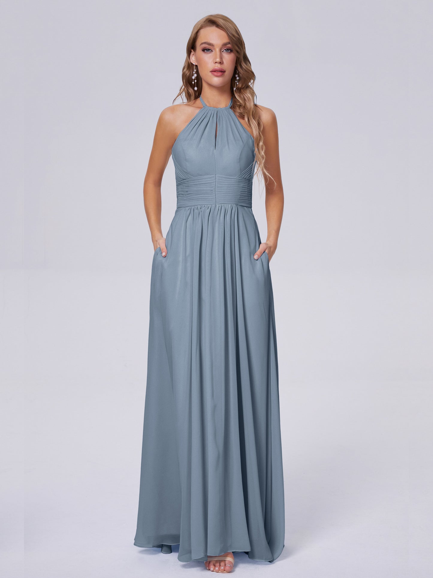 Adaline Simple Halter Chiffon Long Bridesmaid Dresses