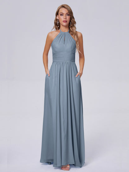 Adaline Simple Halter Chiffon Long Bridesmaid Dresses