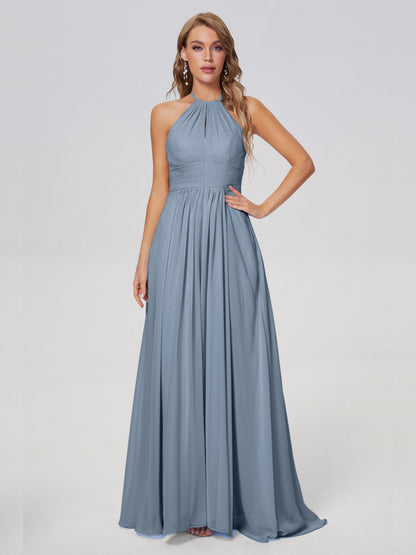 Adaline Simple Halter Chiffon Long Bridesmaid Dresses