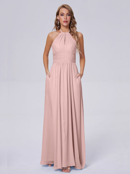 Adaline Simple Halter Chiffon Long Bridesmaid Dresses