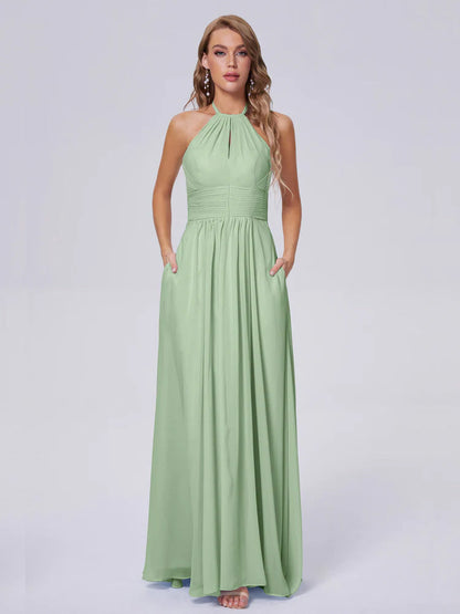 Adaline Simple Halter Chiffon Long Bridesmaid Dresses