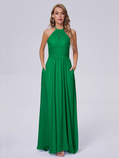 Adaline Simple Halter Chiffon Long Bridesmaid Dresses