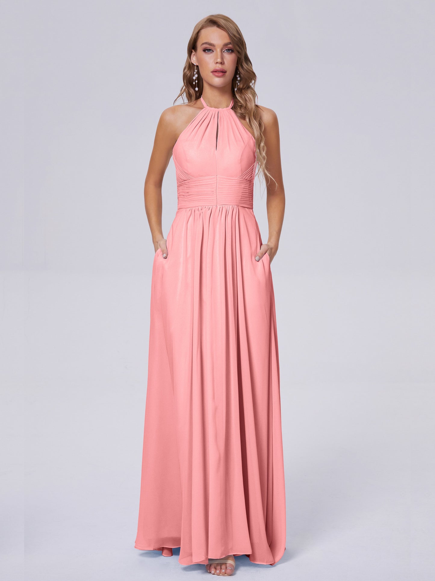 Adaline Simple Halter Chiffon Long Bridesmaid Dresses