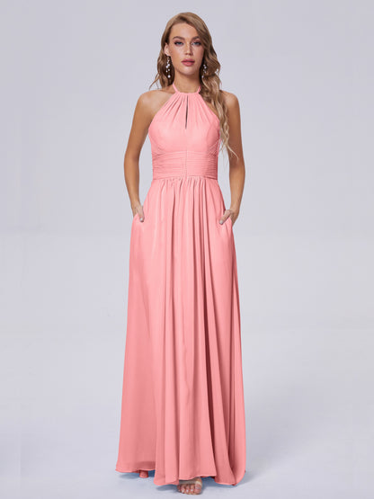 Adaline Simple Halter Chiffon Long Bridesmaid Dresses