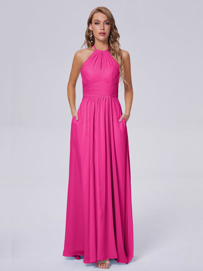 Adaline Simple Halter Chiffon Long Bridesmaid Dresses