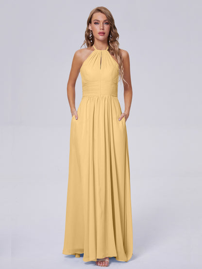 Adaline Simple Halter Chiffon Long Bridesmaid Dresses