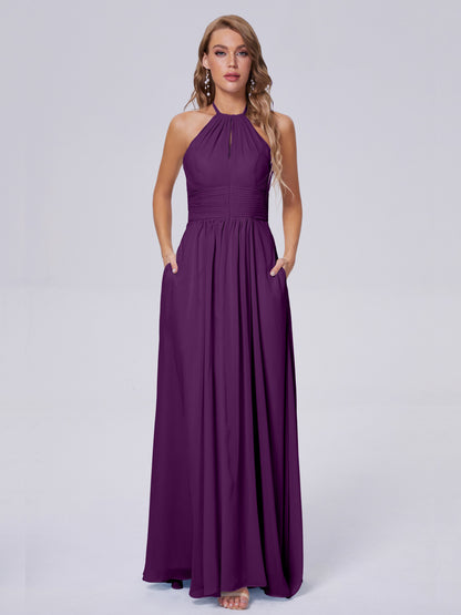 Adaline Simple Halter Chiffon Long Bridesmaid Dresses