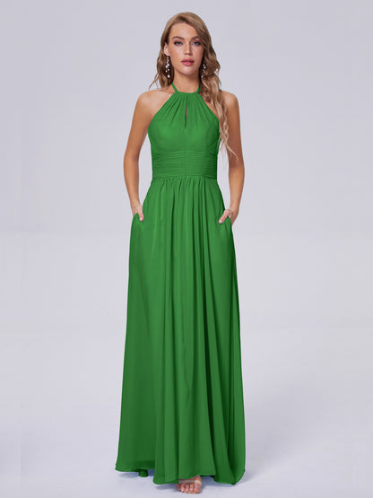 Adaline Simple Halter Chiffon Long Bridesmaid Dresses