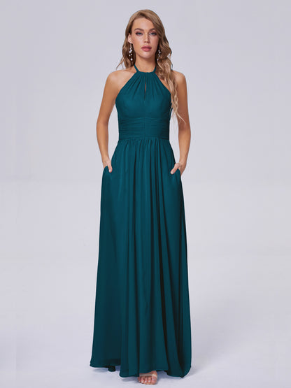 Adaline Simple Halter Chiffon Long Bridesmaid Dresses