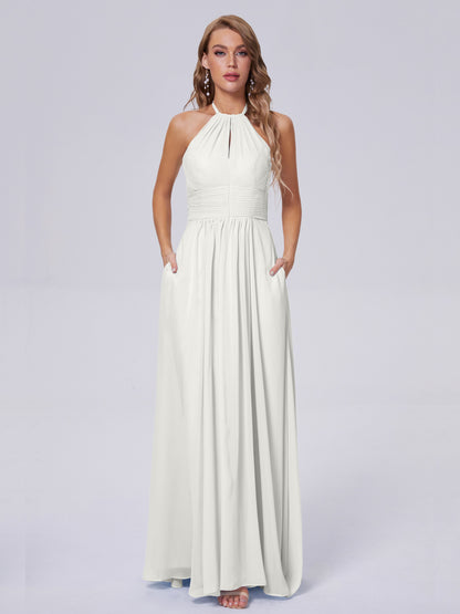 Adaline Simple Halter Chiffon Long Bridesmaid Dresses