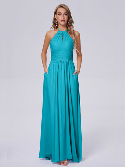 Adaline Simple Halter Chiffon Long Bridesmaid Dresses