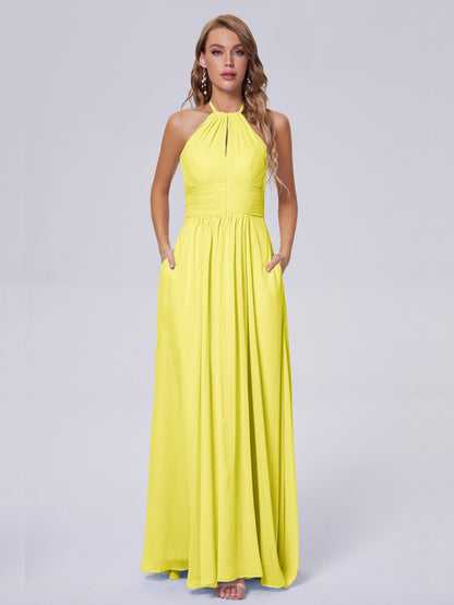 Adaline Simple Halter Chiffon Long Bridesmaid Dresses