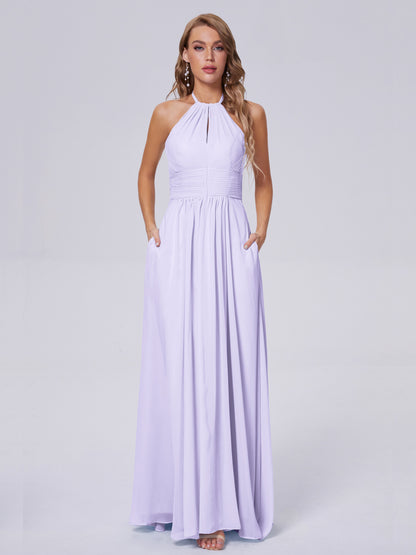 Adaline Simple Halter Chiffon Long Bridesmaid Dresses