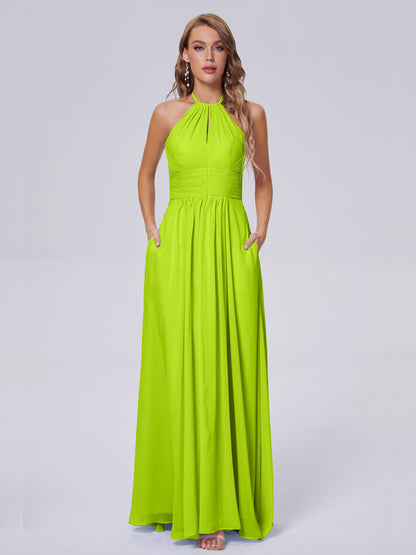 Adaline Simple Halter Chiffon Long Bridesmaid Dresses