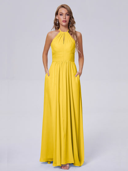 Adaline Simple Halter Chiffon Long Bridesmaid Dresses