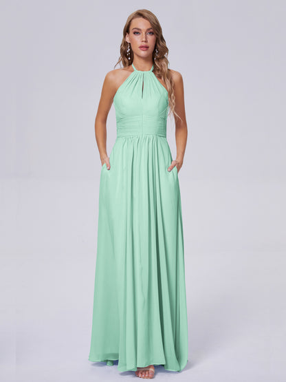 Adaline Simple Halter Chiffon Long Bridesmaid Dresses