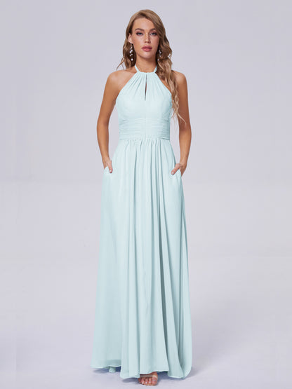 Adaline Simple Halter Chiffon Long Bridesmaid Dresses