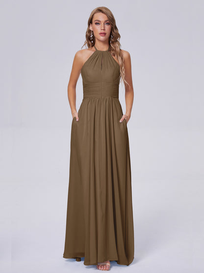 Adaline Simple Halter Chiffon Long Bridesmaid Dresses