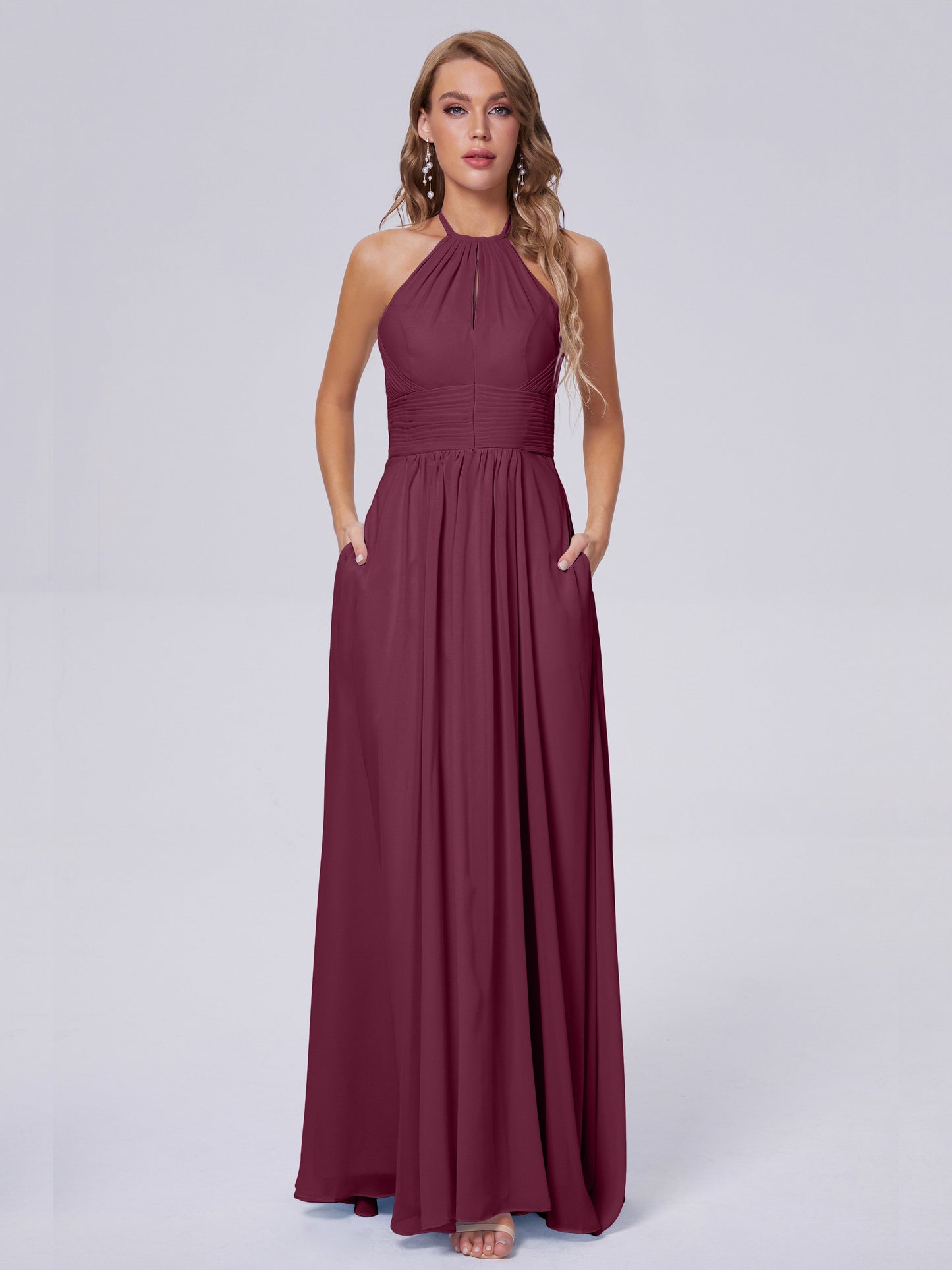 Adaline Simple Halter Chiffon Long Bridesmaid Dresses