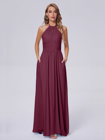 Adaline Simple Halter Chiffon Long Bridesmaid Dresses