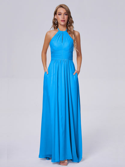 Adaline Simple Halter Chiffon Long Bridesmaid Dresses