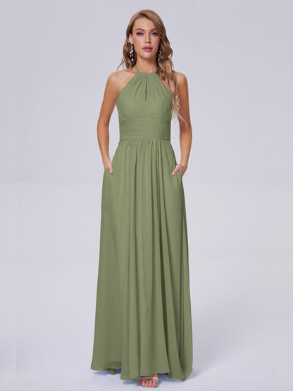 Adaline Simple Halter Chiffon Long Bridesmaid Dresses