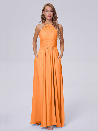 Adaline Simple Halter Chiffon Long Bridesmaid Dresses