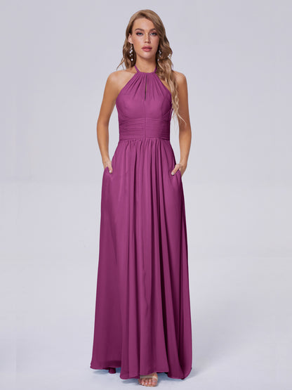 Adaline Simple Halter Chiffon Long Bridesmaid Dresses