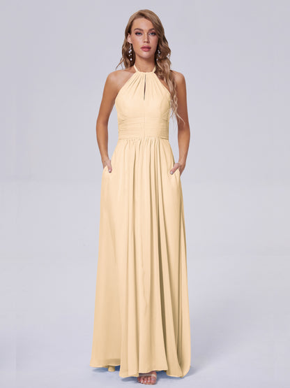 Adaline Simple Halter Chiffon Long Bridesmaid Dresses