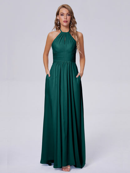 Adaline Simple Halter Chiffon Long Bridesmaid Dresses