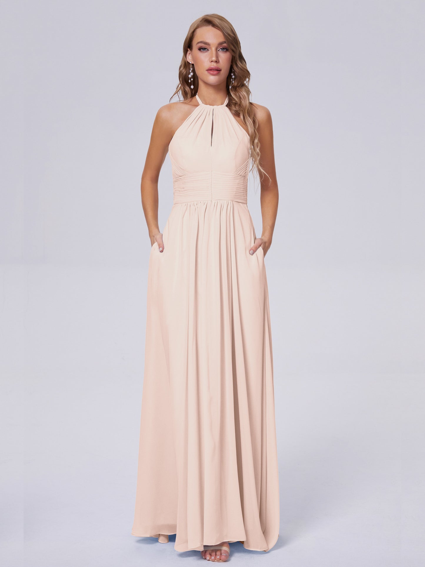 Adaline Simple Halter Chiffon Long Bridesmaid Dresses
