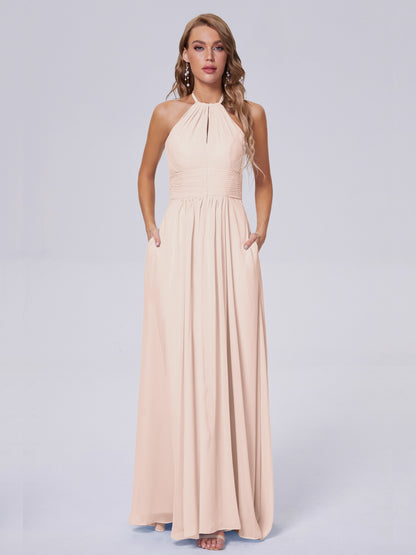 Adaline Simple Halter Chiffon Long Bridesmaid Dresses