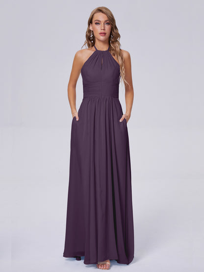 Adaline Simple Halter Chiffon Long Bridesmaid Dresses