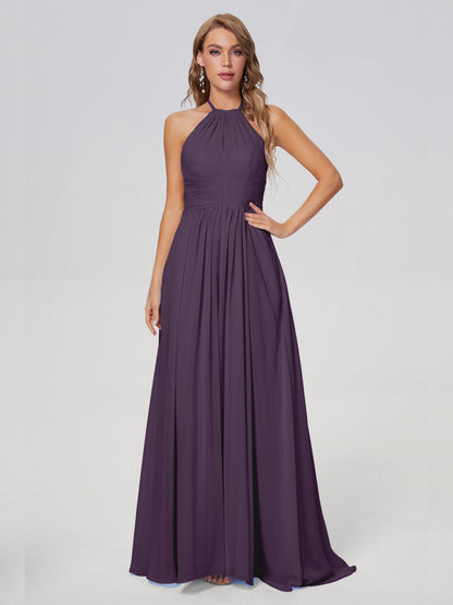 Adaline Simple Halter Chiffon Long Bridesmaid Dresses