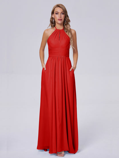 Adaline Simple Halter Chiffon Long Bridesmaid Dresses
