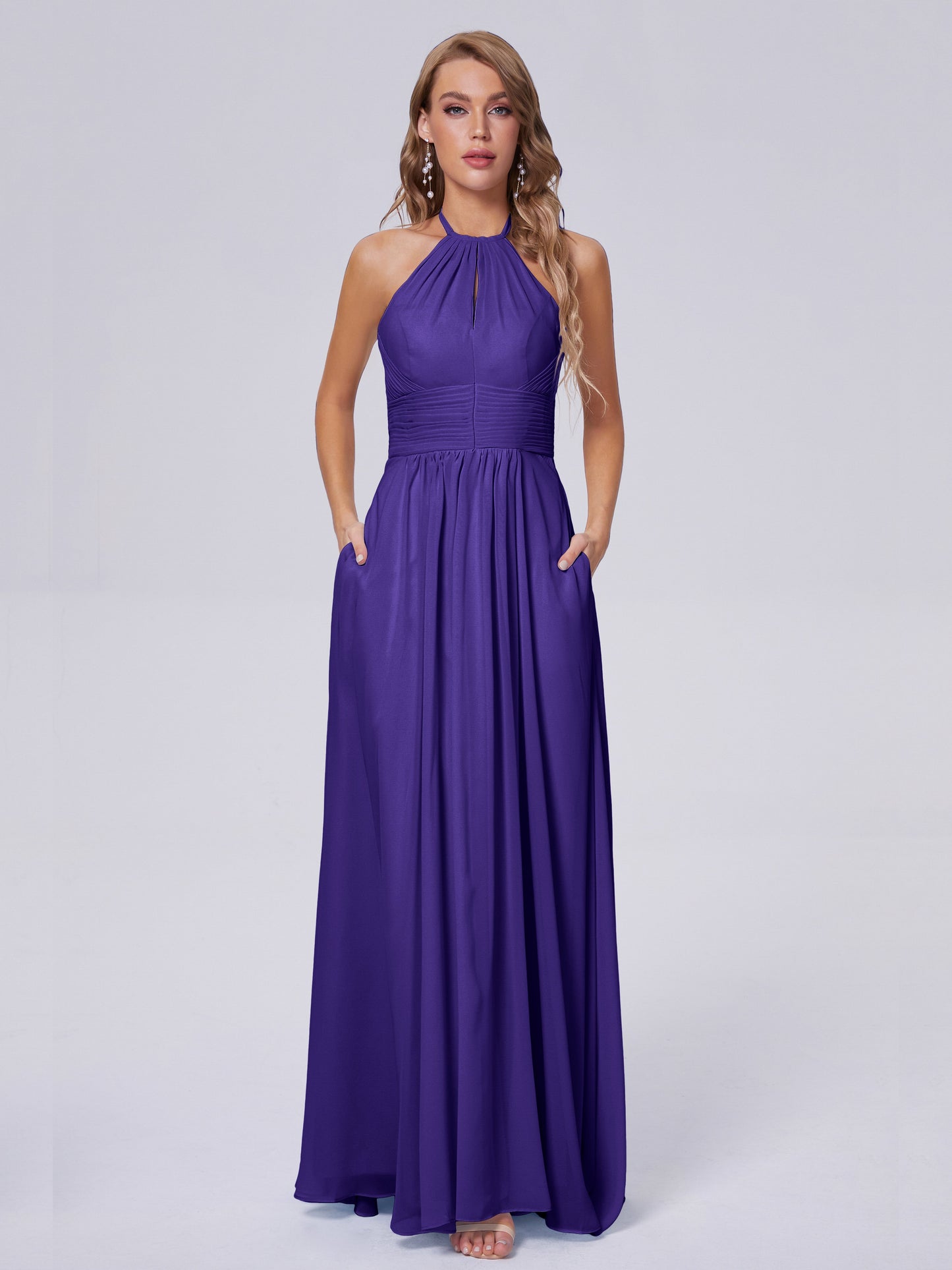 Adaline Simple Halter Chiffon Long Bridesmaid Dresses