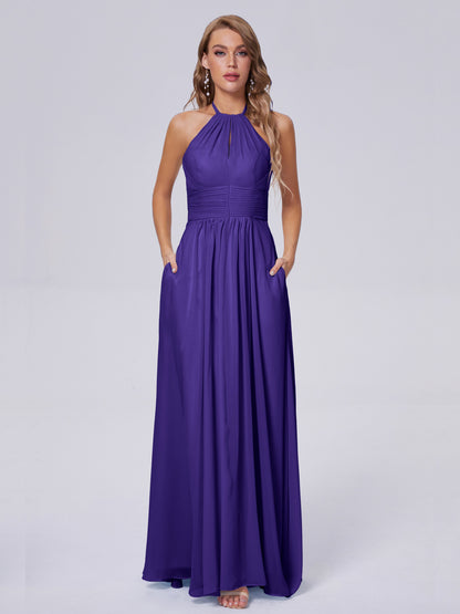 Adaline Simple Halter Chiffon Long Bridesmaid Dresses