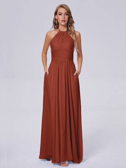 Adaline Simple Halter Chiffon Long Bridesmaid Dresses