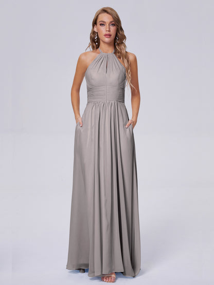 Adaline Simple Halter Chiffon Long Bridesmaid Dresses