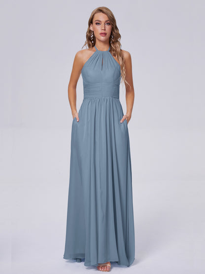 Adaline Simple Halter Chiffon Long Bridesmaid Dresses