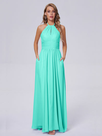 Adaline Simple Halter Chiffon Long Bridesmaid Dresses