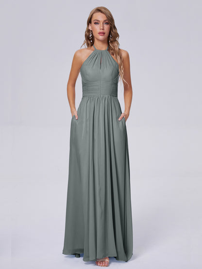 Adaline Simple Halter Chiffon Long Bridesmaid Dresses