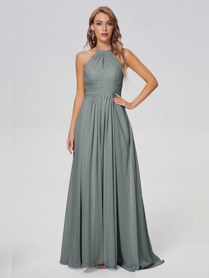 Adaline Simple Halter Chiffon Long Bridesmaid Dresses