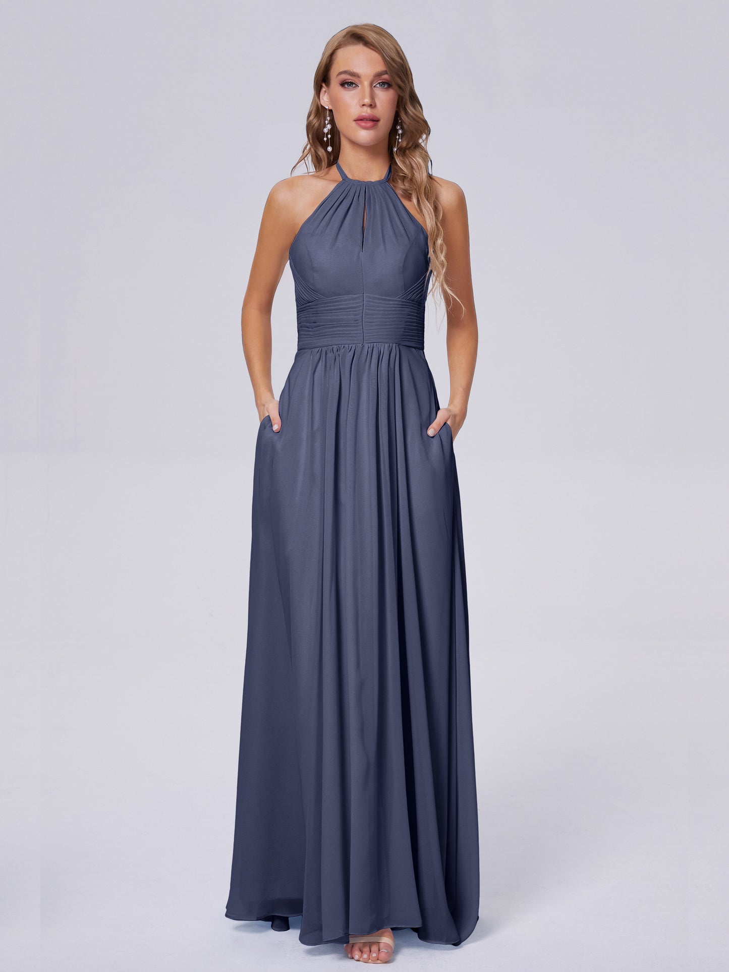 Adaline Simple Halter Chiffon Long Bridesmaid Dresses