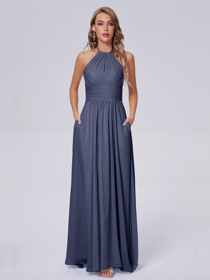 Adaline Simple Halter Chiffon Long Bridesmaid Dresses