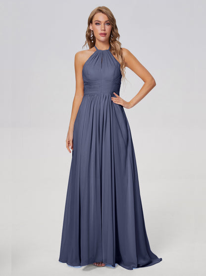 Adaline Simple Halter Chiffon Long Bridesmaid Dresses