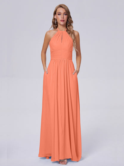 Adaline Simple Halter Chiffon Long Bridesmaid Dresses